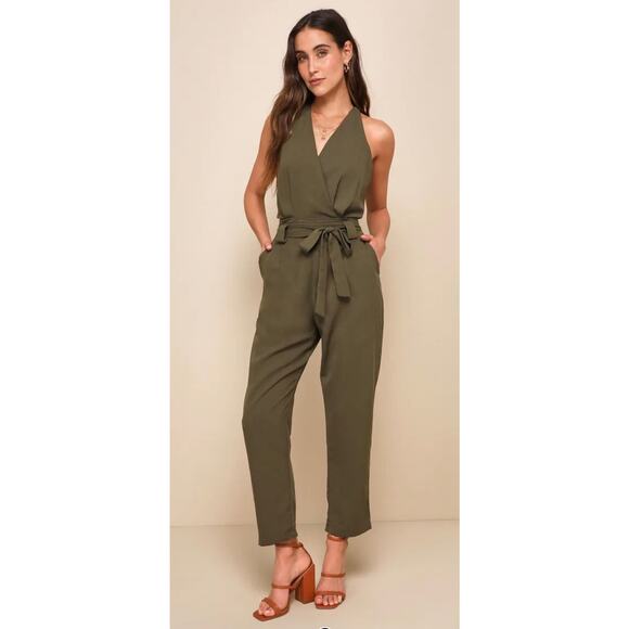 Lulu’s Pants - Lulu’s In The City Olive Surplice Sleeveless Jumpsuit M NWT